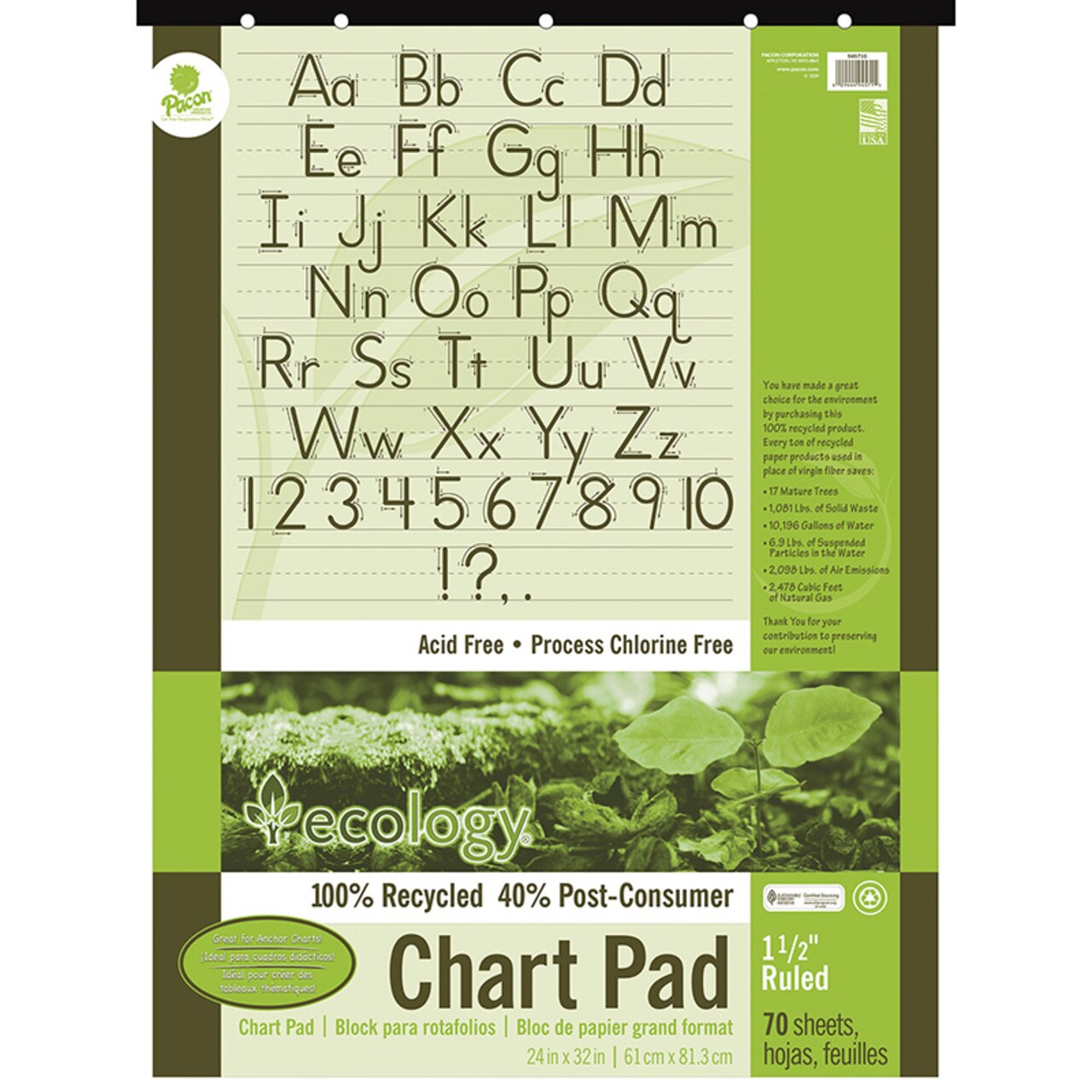 Recycled Chart Pad, Manuscript Cover, 1-1/2&#x22; Ruled 24&#x22; X 32&#x22;, 70 Sheets
